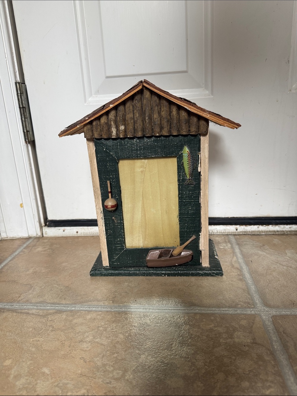 Rustic Natural Wood Fishing Lake Hut -Frame Storage Box w/Door & 2 Shelves
